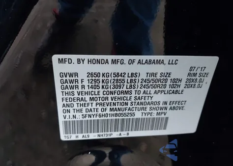 2017 Honda Pilot Elite из США, поврежденный, VIN 5FNYF6H01HB055255